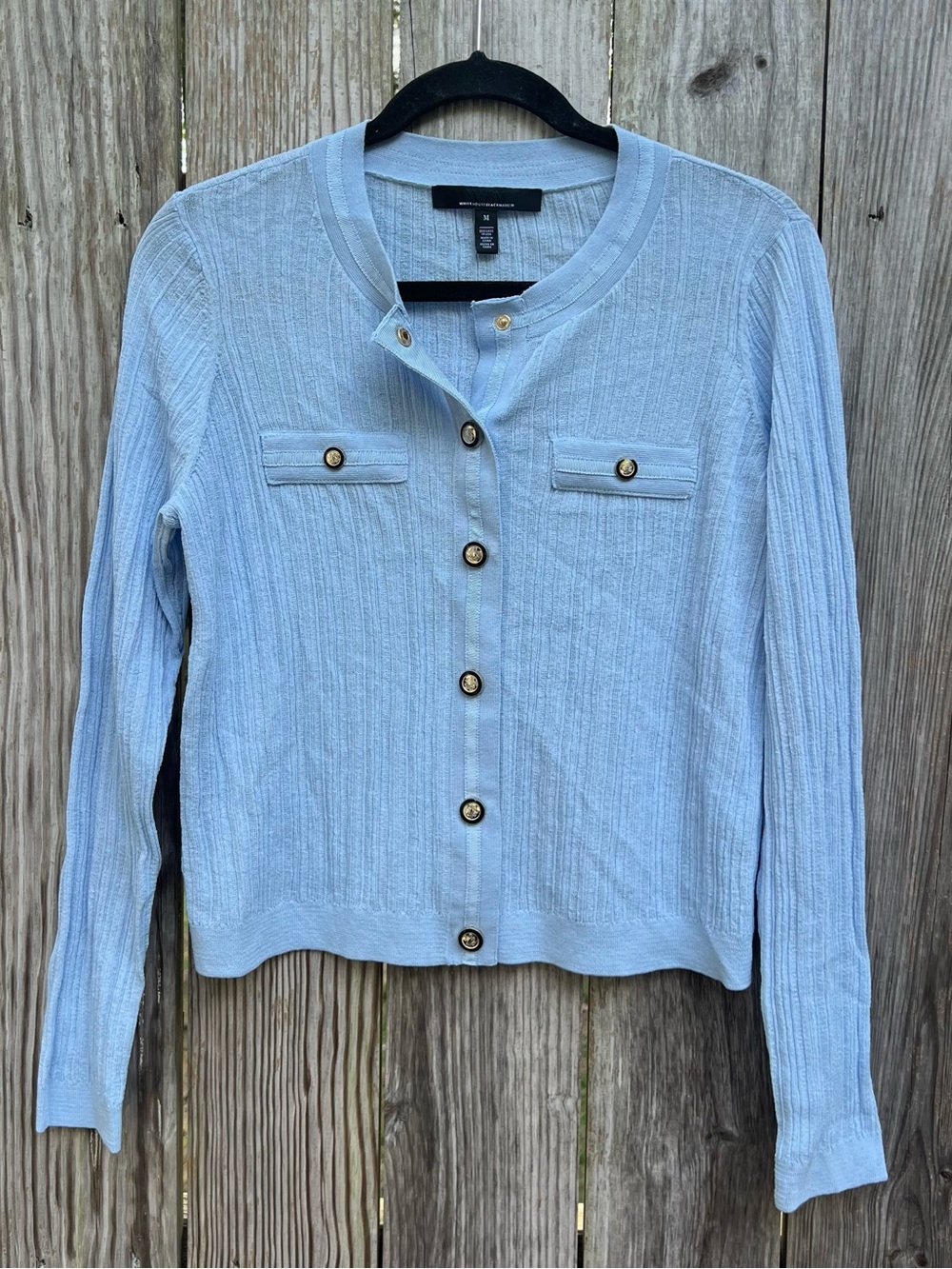WHITE HOUSE BLACK MARKET Ribbed Cardigan Blue Gold Crest Buttons Women’s  Medium